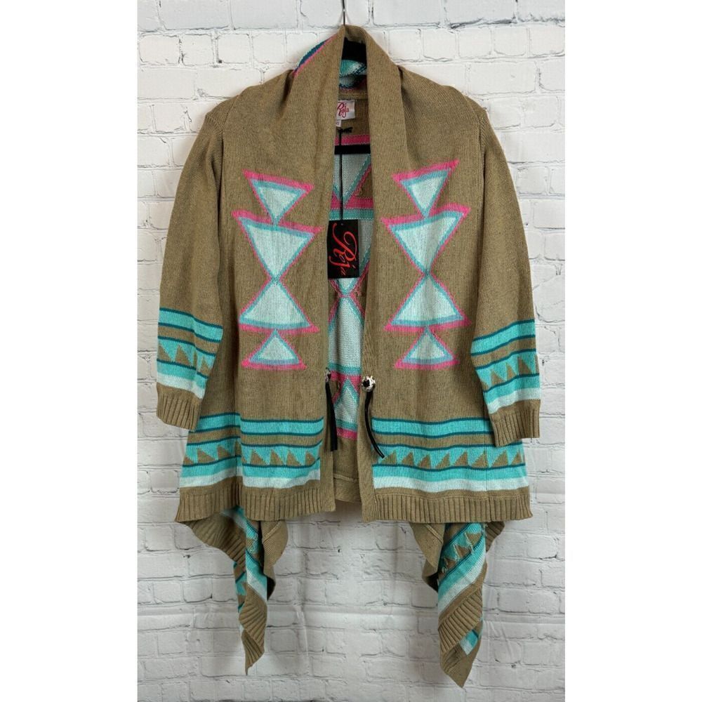ROJA beige blue aztec southwestern knit waterfall open front cardigan XS NWT